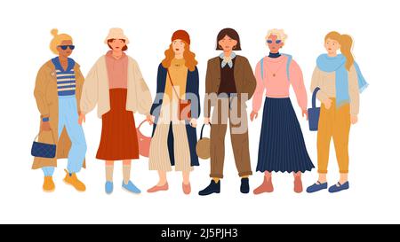 Femmes dans des vêtements décontractés modernes. Jeunes femmes stylées. Des personnes vêtues de tenues tendance avec des accessoires. Vêtements de marche. Groupe de filles Illustration de Vecteur