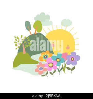 Joli dessin animé paysage d'été avec soleil, fleurs et arbres Illustration de Vecteur