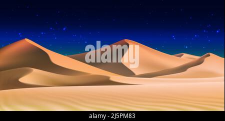 3d fond réaliste de dunes de sable dans la nuit. Paysage désertique avec ciel bleu foncé. Illustration de Vecteur