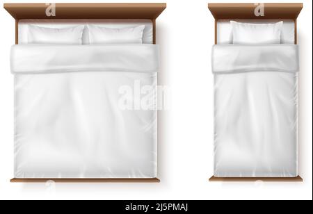 3d ensemble d'icônes vectorielles réalistes. Lit simple et lit double avec draps blancs, couette et deux oreillers. Illustration de Vecteur