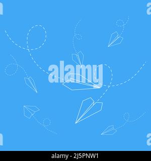 Ensemble d'illustrations vectorielles des icônes de plan de papier. Contour avion en papier artisanal simple isolé sur fond bleu. Symbole de voyage et d'itinéraire. Illustration de Vecteur
