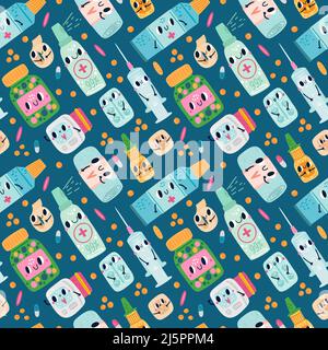 Dessin sans couture de caricatures. Joli imprimé avec des médicaments souriants. Caractères de pharmacologie comique. Fonds d'écran sur la santé. Bandages médicaux et seringue Illustration de Vecteur