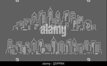 Ensemble de silhouettes de la ville. Paysage urbain de style linéaire. Bâtiment, horizon de la ville. Panorama. Contient le vecteur de gratte-ciel Illustration de Vecteur