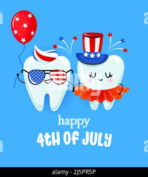 Happy 4th de juillet - couple de dents conception de caractère dans le style kawaii. Tothfée dessinée à la main avec citation amusante. Bon pour les affiches de prévention scolaire, la Grétine Illustration de Vecteur