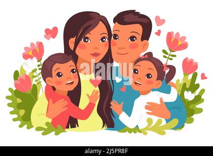 Des câlins de famille. Portrait heureux des parents et des enfants. Dessin animé embrassant les gens et les fleurs. Papa et maman avec son fils et sa fille Illustration de Vecteur