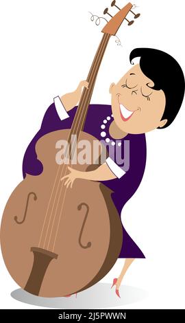 Jeune femme musicienne avec l'illustration de contrabass. Une femme souriante joue de la musique sur des basses doubles isolées sur fond blanc Illustration de Vecteur