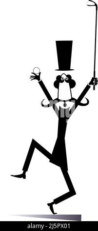 Un homme drôle de moustache longue joue l'illustration du golf. Dessin animé long moustache gentleman dans le chapeau supérieur tient un club de golf et un ballon noir sur fond blanc Illustration de Vecteur