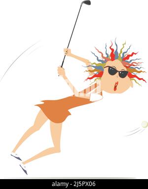 Femme de golfeur comique sur l'illustration du terrain de golf. Cartoon golfeur femme en lunettes de soleil visant à faire un bon coup isolé sur blanc Illustration de Vecteur