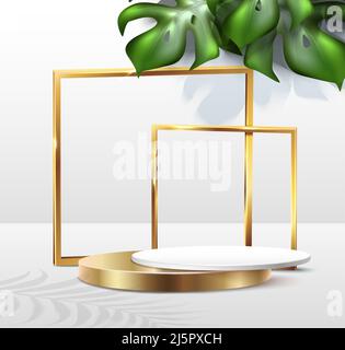 modèle d'arrière-plan vectoriel réaliste. Affiche de cosmétiques et de produits sur le podium d'or avec des feuilles tropicales réalistes. Illustration de Vecteur