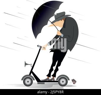 Mauvais temps. Un homme avec un parapluie sur l'illustration du scooter. Un homme avec un parapluie se déplace sur un scooter sous le vent fort et la pluie isolée sur blanc Illustration de Vecteur