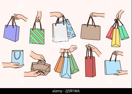 Ensemble de personnes tenant divers sacs d'achat achetant des biens et des vêtements. Collection de personnes avec une poignée de paquets ou de cadeaux. Fête et cadeau. Illustration vectorielle. Illustration de Vecteur