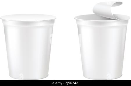 jeu d'icônes vectorielles réalistes. Tasse de yaourt à base de lait. Crème sure avec couvercle ouvert et fermé. Isolé sur fond blanc. Illustration de Vecteur