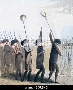 Une foule révolutionnaire qui porte sur des pikes les têtes du Marquis de Launay, gouverneur de la Bastille, et Jacques de Flesselles, un fonctionnaire de l'Hôtel de ville de Paris. Les deux furent tués et décapités le 14 juillet 1789, après la prise de la Bastille. Après une œuvre contemporaine. Bernard René Jourdan, marquis de Launay, 1740 – 1789. Jacques de Flesselles, 1730 – 1789. Banque D'Images