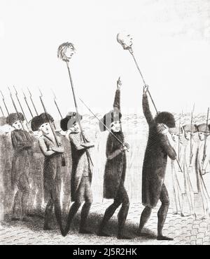 Une foule révolutionnaire qui porte sur des pikes les têtes du Marquis de Launay, gouverneur de la Bastille, et Jacques de Flesselles, un fonctionnaire de l'Hôtel de ville de Paris. Les deux furent tués et décapités le 14 juillet 1789, après la prise de la Bastille. Après une œuvre contemporaine. Bernard René Jourdan, marquis de Launay, 1740 – 1789. Jacques de Flesselles, 1730 – 1789. Banque D'Images