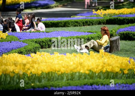 Istanbul, Turquie. 25th avril 2022. Des gens visitent le parc Gulhane, Istanbul, Turquie, le 25 avril 2022. Credit: Shadati/Xinhua/Alamy Live News Banque D'Images