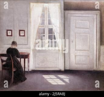 "Une salle dans la maison de l'artiste à Strandgade, Copenhague, avec la femme de l'artiste" par l'artiste danois, Vilhelm Hammershoi (1864-1916), huile sur toile, 1901 Banque D'Images