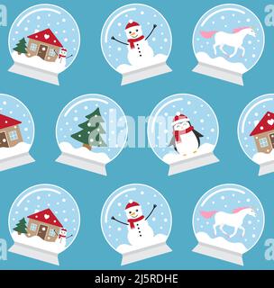 Motif vectoriel sans couture de différentes boules de neige de dessin animé plates isolées sur fond bleu Illustration de Vecteur