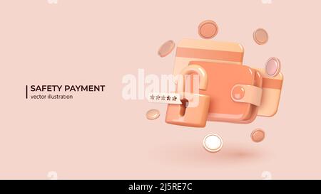 Concept de paiements de sécurité. Design réaliste 3D de portefeuille intelligent avec application de paiement avec cadenas, verrou avec mot de passe sur smartphone et pièces de monnaie autour. Illustration vectorielle Illustration de Vecteur