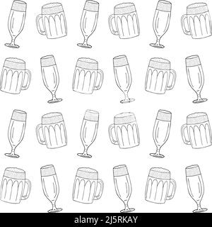 Motif vectoriel sans couture de différents verres à bière dessinés à la main isolés sur fond blanc Illustration de Vecteur