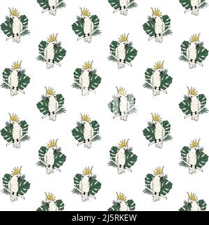 Motif vectoriel sans couture de l'esquisse de l'oodle dessiné à la main perroquet de couleur cacatoès avec illustration des feuilles de palmier isolée sur fond blanc Illustration de Vecteur
