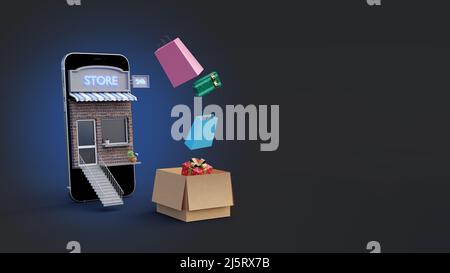 Jeu d'icônes isométriques d'achat en ligne. boutique en ligne 3d avec boîtes cadeaux et sacs à provisions. Concept de l'achat en ligne. 3d rendu. Banque D'Images