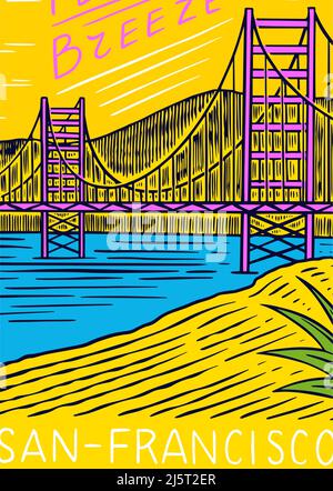 Affiche ou bannière de la ville de San Francisco. Wave rétro et paume. Goupille d'été. Emblème ou logo gravé à la main. Vintage Sport à Hawaï. Illustration de Vecteur