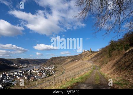 Paysage panoramique avec vue sur le château de Thurant et le village d'Alken, Moselle, Allemagne Banque D'Images