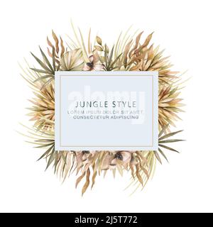 Mariage de la lunaria séchée, orchidée, pampas herbe couronne florale. Carte d'invitation à fleurs séchées exotiques, feuilles de palmier et boho. Cadre de modèle aquarelle, enregistrer Banque D'Images