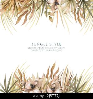 Mariage de la lunaria séchée, orchidée, pampas herbe couronne florale. Carte d'invitation à fleurs séchées exotiques, feuilles de palmier et boho. Cadre de modèle aquarelle, enregistrer Banque D'Images