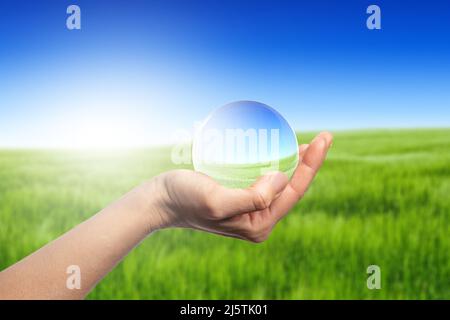 Mains tenant le globe verre dans le champ d'herbe verte - concept d'environnement Banque D'Images