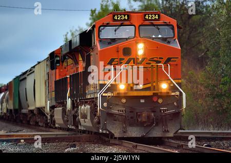 Elgin, Illinois, États-Unis. Traversée du chemin de fer Burlington Northern Santa Fe les locomotives dirigent un train de marchandises du chemin de fer national canadien. Banque D'Images