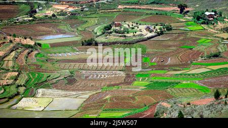 Paysages agricoles autour de la colline d'Ambohimanga, à la périphérie d'Antananarivo, Magagascar. Banque D'Images