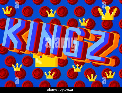 Kingz, mot pixélisé d'argot moderne (Kings) avec arrière-plan graphique géométrique. Illustration de dessin animé vectoriel. Illustration de Vecteur