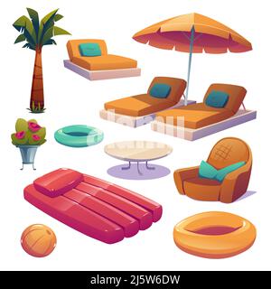 Piscine et équipement de piscine de l'hôtel icônes de dessins animés isolées. Palmier, chaises longues, parasol, anneau gonflable ou boule, table basse, fauteuil avec coussin et fleurs dans vase, ensemble Vector Illustration de Vecteur