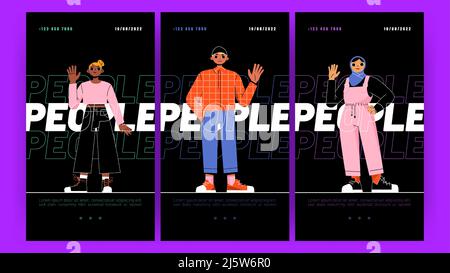 Des affiches avec des personnes diverses, des personnages internationaux multiethniques. Bannières verticales vectorielles avec des jeunes hommes et femmes multiraciaux, des étudiants afro-américains, arabes et asiatiques Illustration de Vecteur