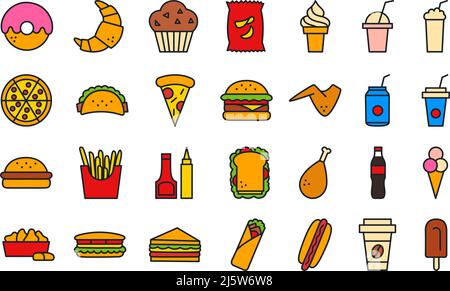 Icônes de restauration rapide. Jeu d'icônes de couleur de ligne isolée Illustration de Vecteur