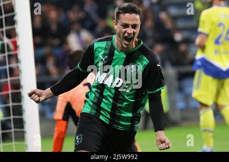 Giacomo Raspadori des États-Unis SASSUOLO célèbre après avoir inscrit un but lors de la série Un match entre les États-Unis Sassuolo et le Juventus FC au Mapei Stadium-Citta d Banque D'Images