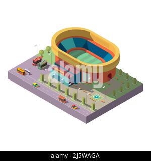 Stade de la ville avec terrain de football et ventilateurs bus sur stationnement icône vectorielle isométrique isolée sur fond blanc. Construction urbaine, infrastructure de sport urbain Illustration de Vecteur