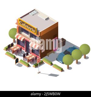 La cafétéria isométrique Vector 3D est un restaurant ouvert avec véranda et tables, chaises. Café, café-restaurant avec parking et arbres verts isolés sur la merde Illustration de Vecteur