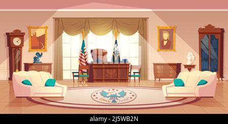 Armoire ovale Vector dans la maison blanche. Intérieur de dessin animé avec meubles - bureau pour le travail, canapé pour le repos. Drapeau national, tapis. Lieu de travail pour le président Illustration de Vecteur