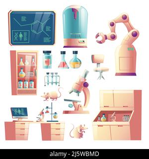 Science génétique matériel de laboratoire, verrerie et outils cartoon vecteur ensemble isolé sur fond blanc. Rats de laboratoire, main robotique, microscope, Illustration de Vecteur