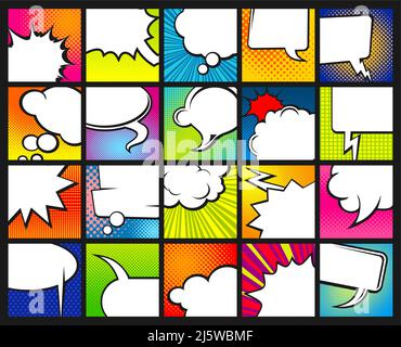 Bulles de discours de dessin animé, fond de bande dessinée pop art. Ensemble de cadres ou de boîtes de dialogue de discussion, de discussion et de réflexion. Boum., explosion et bulles blanches sur d Illustration de Vecteur