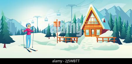 Station de ski d'hiver avec téléphérique ou ascenseur dessin animé concept avec femme heureuse ski dans les montagnes enneigées près de petit hôtel bâtiment en bois illustrateur Illustration de Vecteur