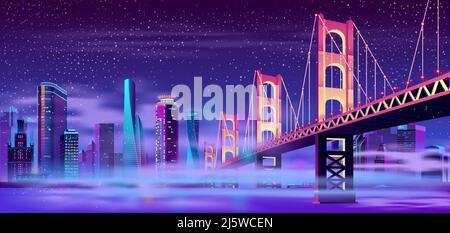 Vecteur grand pont articulé et brume sur l'eau. Mégapole moderne sur la rivière, brouillard. Architecture de nuit avec bâtiments lumineux dans un style de dessin animé. Illustration de Vecteur