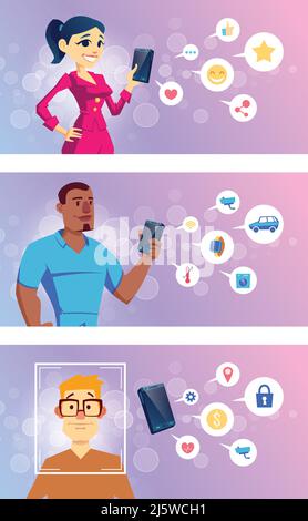 Applications pour smartphone pour réseaux sociaux, technologies intelligentes, services bancaires en ligne et bannières vectorielles de navigation. Femme asiatique, afro-américaine et c Illustration de Vecteur