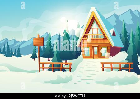 Maison de campagne ou de village en montagne enneigée vecteur de dessin animé. Station d'hiver confortable, petit hôtel bâtiment en bois avec toit incliné, balcon, Illustration de Vecteur