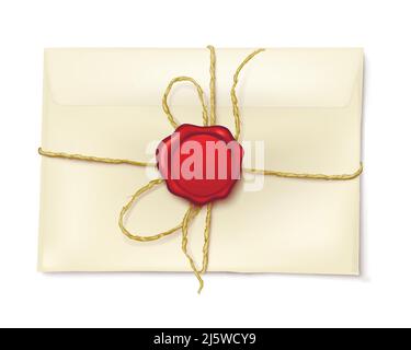 Enveloppe papier post scellée avec corde et joint de cire rouge 3D icône vecteur réaliste isolée sur fond blanc. Confidentialité de la correspondance, lettres s Illustration de Vecteur