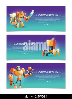 Service en ligne de l'intelligence artificielle, robotique technologies de démarrage, portail de jeu d'ordinateur caricaturage bannières web vecteur ensemble avec divers design humanoi Illustration de Vecteur