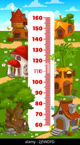 Tableau de hauteur pour enfants, dessin animé, maisons de gnome et d'orf. Compteur de croissance vectoriel avec des cottages de champignons, d'arbres, de citrouilles et de carottes. Vieux botte et bâtiments en pierre sur vert Meadow mur autocollant, échelle pour enfants Illustration de Vecteur