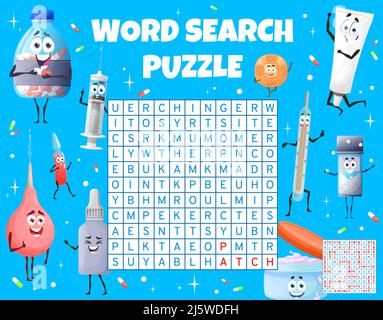 Dessin animé instruments médicaux, pilules, onguent mot recherche puzzle feuille de travail de jeu. Jeu d'enfants Vector avec personnages de médecine drôles, labyrinthe de mot carré de s. Illustration de Vecteur